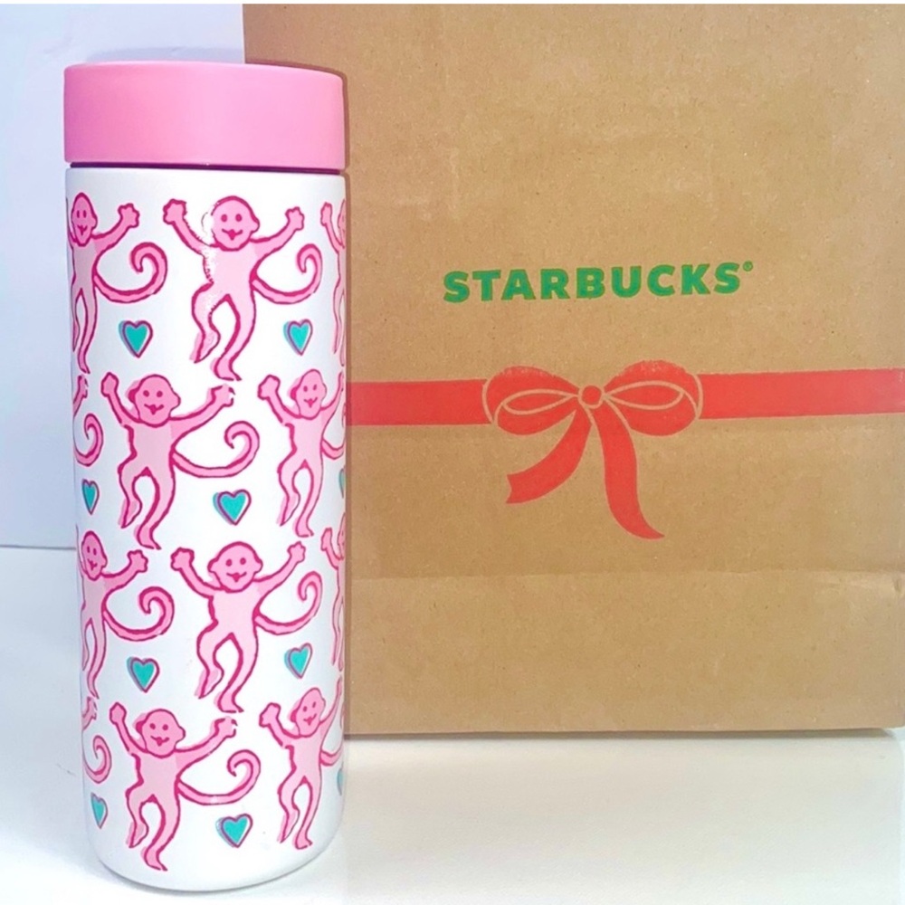 Starbucks + Roller Rabbit Pink Lovely Monkey Design 16oz Stainless Steel Tumbler
